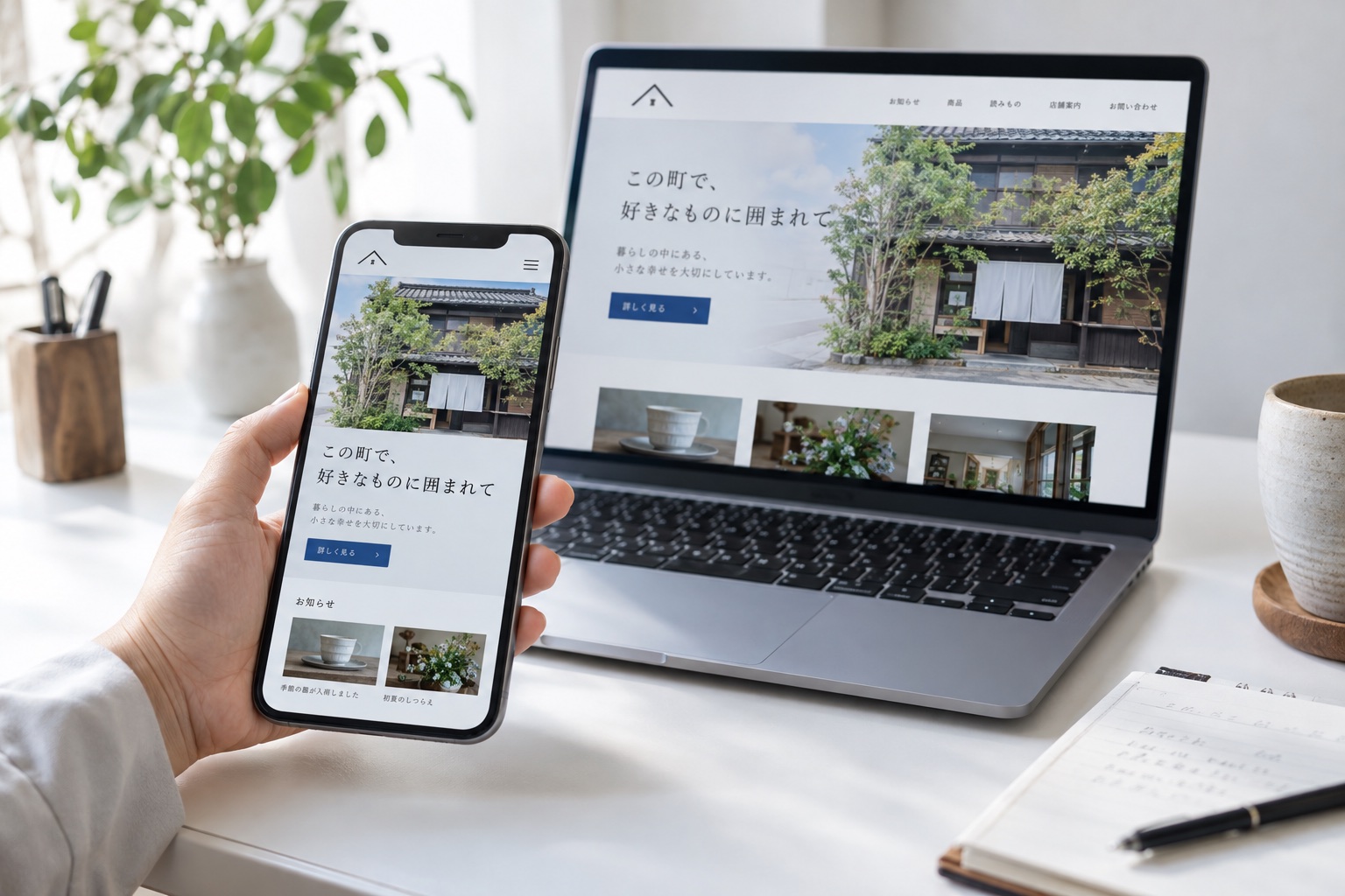 スマートフォンとノートパソコンに表示された同じお店のホームページ